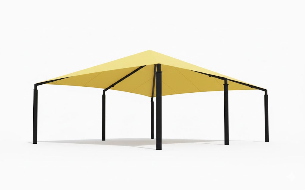 Extended Superspan Hip Roof Shade Structure with 6 Posts example; pictured size and colors may vary
