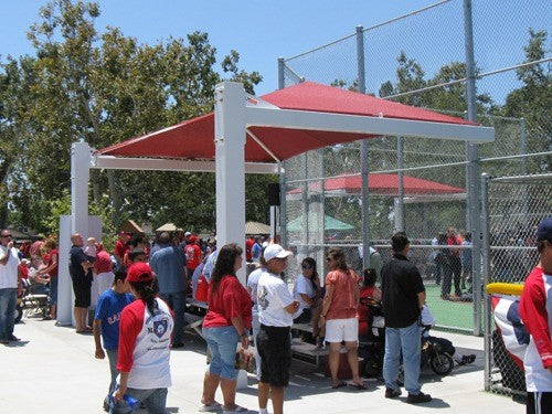Full Cantilever Hip Roof Shade Structure example; pictured size and colors may vary