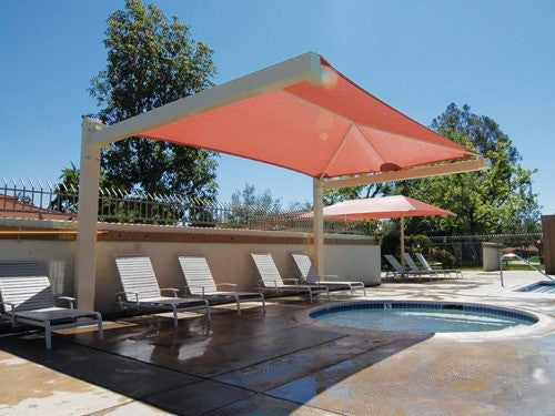 Full Cantilever Hip Roof Shade Structure example; pictured size and colors may vary