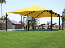 Extended Superspan Hip Roof Shade Structure with 6 Posts example; pictured size and colors may vary