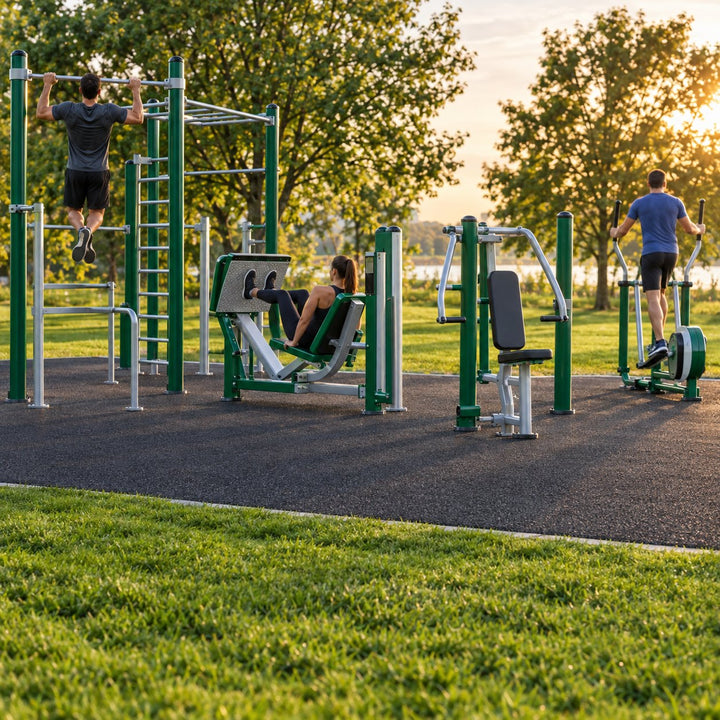 Outdoor fitness stations in a park