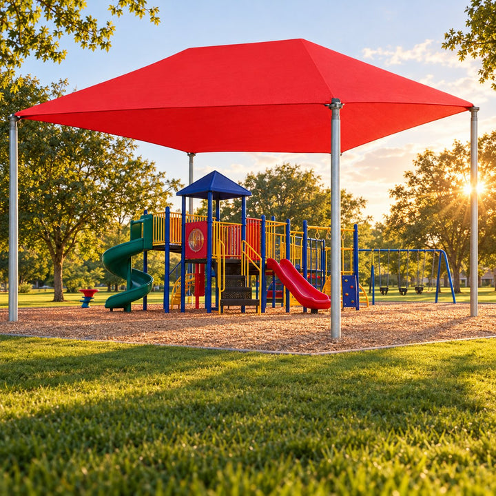 Large red hip roof shade structure over a playground