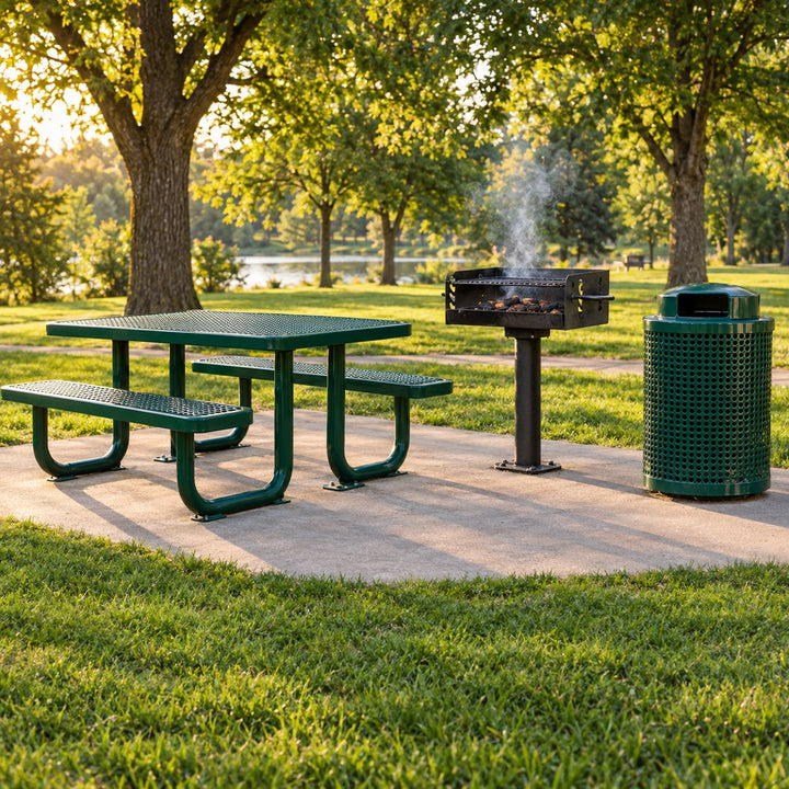 Park picnic table, grill and trash receptacle