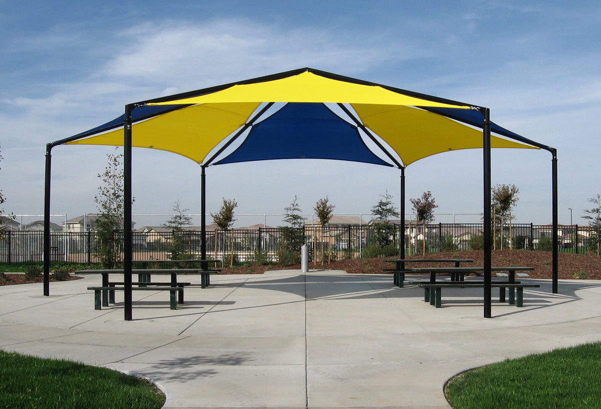Hexagon Multi-panel Shade Structure example; pictured size and colors may vary