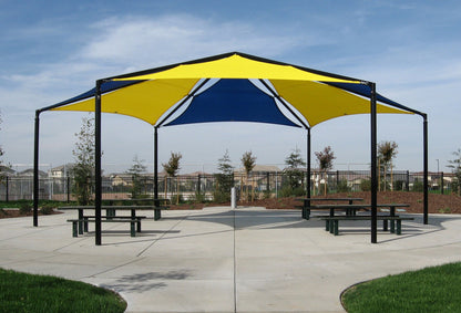 Hexagon Multi-panel Shade Structure example; pictured size and colors may vary