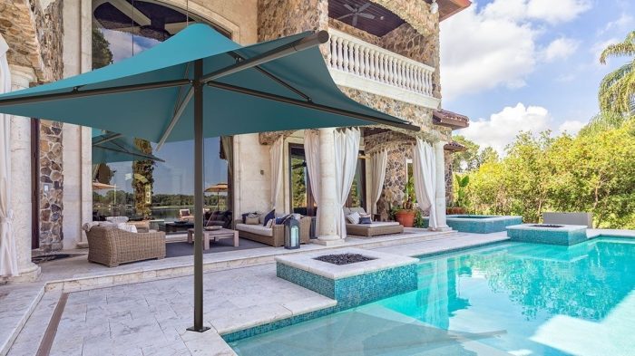 13' Square Umbrella with 8' Eave Height; In Ground Mounted with Glide Elbow