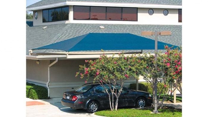 20' x 10' Hanging Cantilever Shade with 8' Eave Height; In-ground Mounted with Glide Elbow